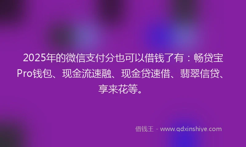 2025年的微信支付分也可以借钱了有：畅贷宝Pro钱包、现金流速融、现金贷速借、翡翠信贷、享来花等。