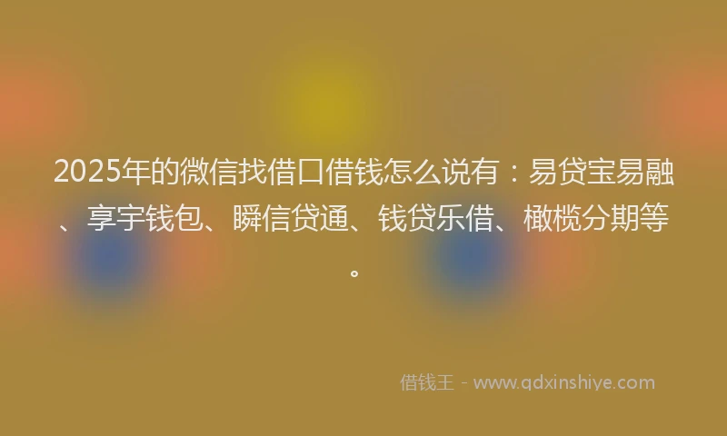 2025年的微信找借口借钱怎么说有：易贷宝易融、享宇钱包、瞬信贷通、钱贷乐借、橄榄分期等。