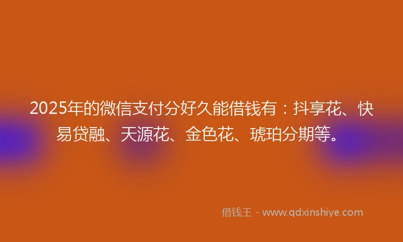 2025年的微信支付分好久能借钱有：抖享花、快易贷融、天源花、金色花、琥珀分期等。