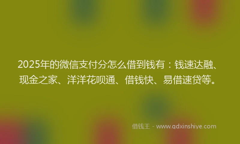2025年的微信支付分怎么借到钱有：钱速达融、现金之家、洋洋花呗通、借钱快、易借速贷等。