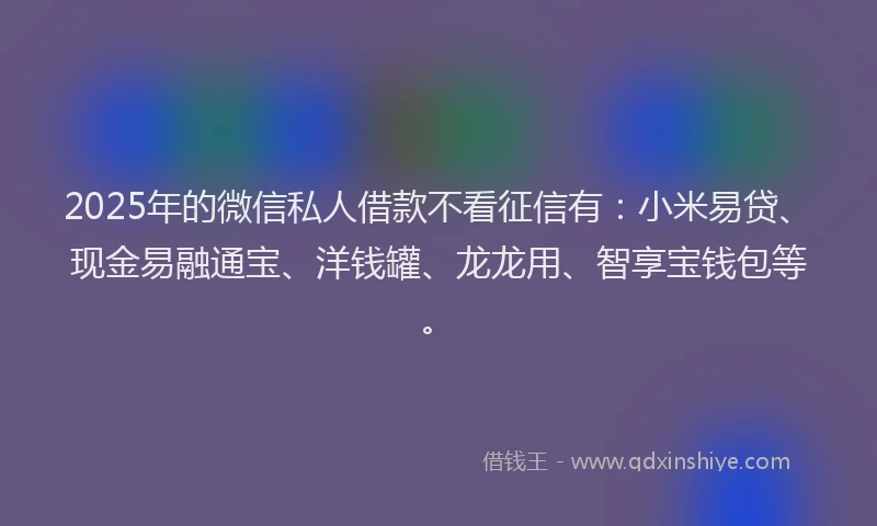 2025年的微信私人借款不看征信有：小米易贷、现金易融通宝、洋钱罐、龙龙用、智享宝钱包等。