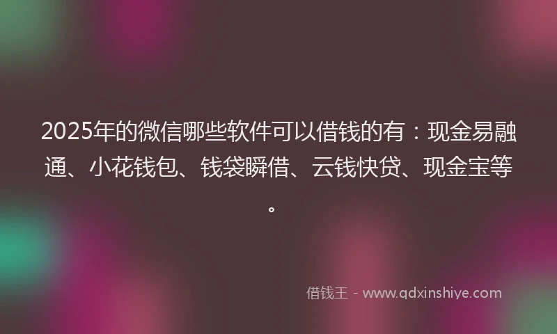 2025年的微信哪些软件可以借钱的有：现金易融通、小花钱包、钱袋瞬借、云钱快贷、现金宝等。