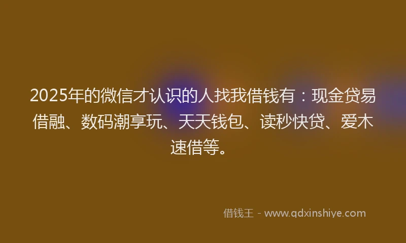 2025年的微信才认识的人找我借钱有：现金贷易借融、数码潮享玩、天天钱包、读秒快贷、爱木速借等。