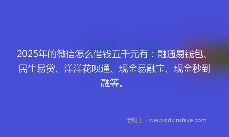 2025年的微信怎么借钱五千元有：融通易钱包、民生易贷、洋洋花呗通、现金易融宝、现金秒到融等。