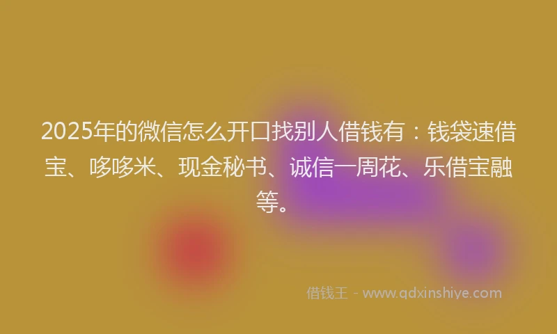 2025年的微信怎么开口找别人借钱有：钱袋速借宝、哆哆米、现金秘书、诚信一周花、乐借宝融等。