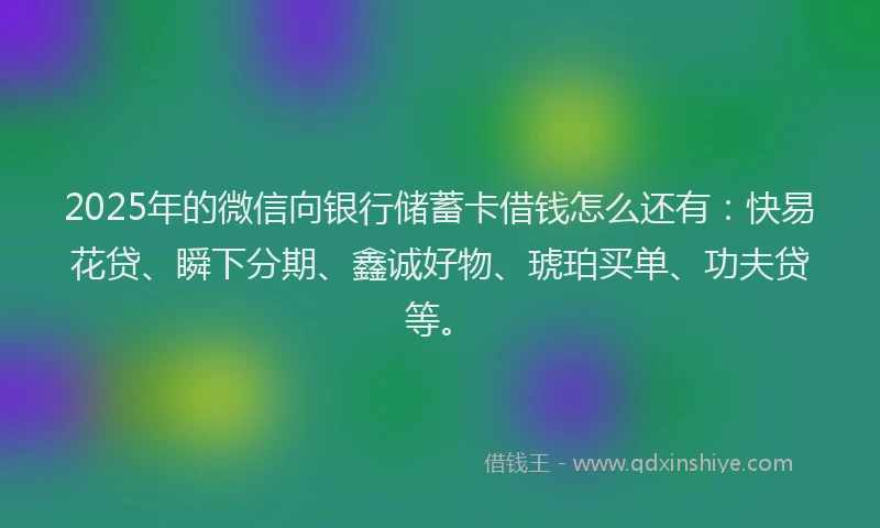 2025年的微信向银行储蓄卡借钱怎么还有：快易花贷、瞬下分期、鑫诚好物、琥珀买单、功夫贷等。