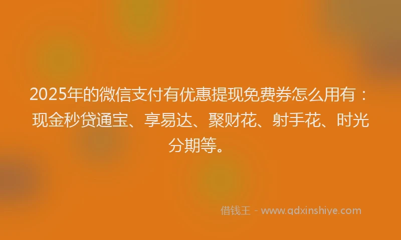 2025年的微信支付有优惠提现免费券怎么用有：现金秒贷通宝、享易达、聚财花、射手花、时光分期等。