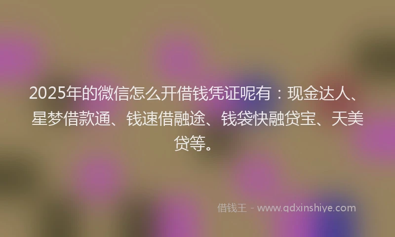 2025年的微信怎么开借钱凭证呢有：现金达人、星梦借款通、钱速借融途、钱袋快融贷宝、天美贷等。