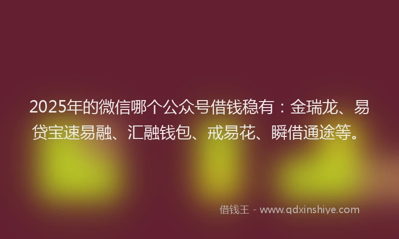 2025年的微信哪个公众号借钱稳有：金瑞龙、易贷宝速易融、汇融钱包、戒易花、瞬借通途等。