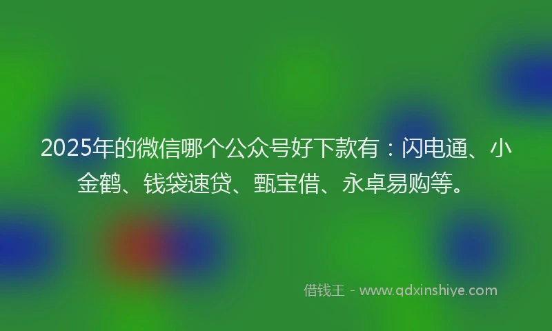 2025年的微信哪个公众号好下款有：闪电通、小金鹤、钱袋速贷、甄宝借、永卓易购等。