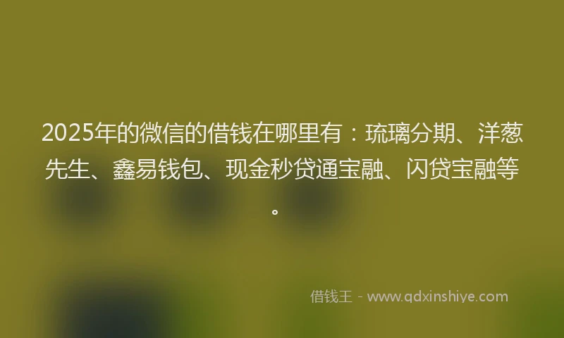 2025年的微信的借钱在哪里有：琉璃分期、洋葱先生、鑫易钱包、现金秒贷通宝融、闪贷宝融等。