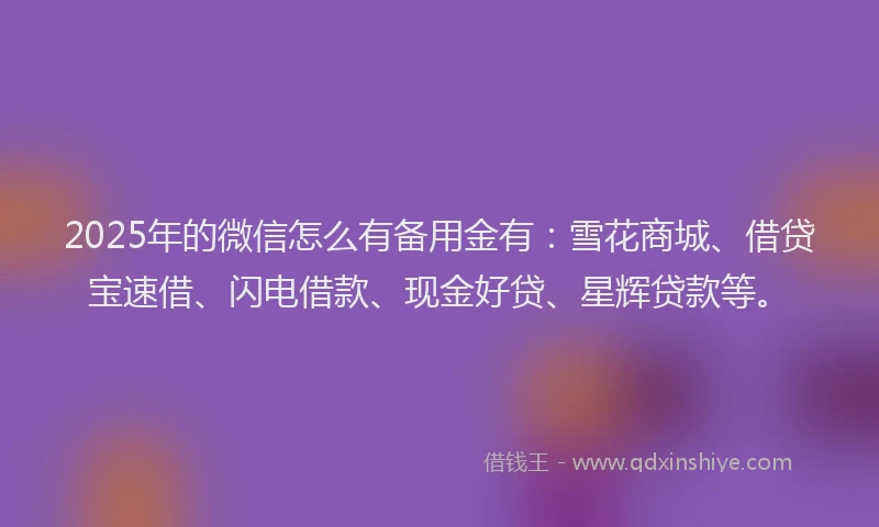 2025年的微信怎么有备用金有：雪花商城、借贷宝速借、闪电借款、现金好贷、星辉贷款等。