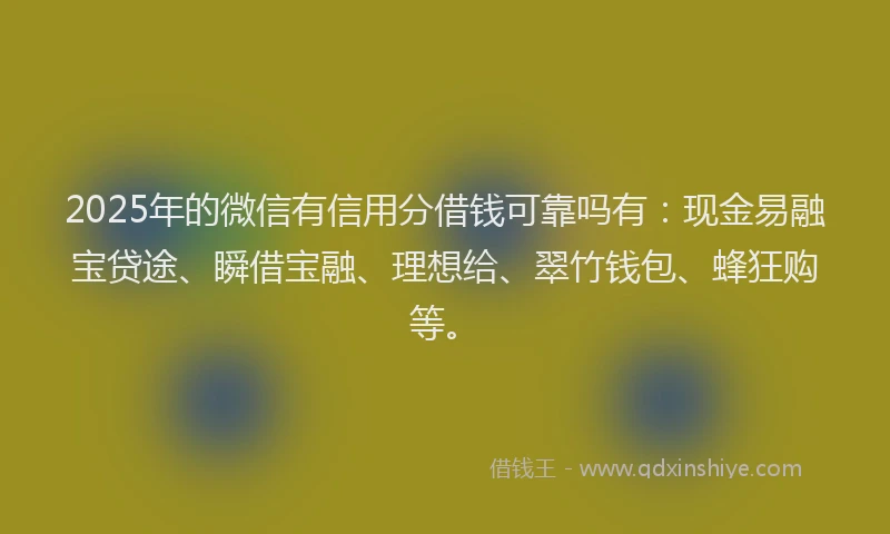 2025年的微信有信用分借钱可靠吗有：现金易融宝贷途、瞬借宝融、理想给、翠竹钱包、蜂狂购等。