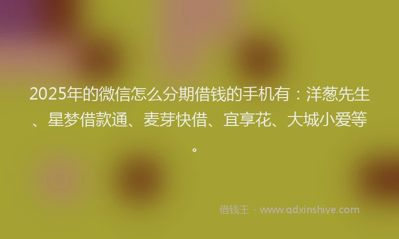 2025年的微信怎么分期借钱的手机有：洋葱先生、星梦借款通、麦芽快借、宜享花、大城小爱等。
