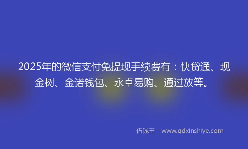 2025年的微信支付免提现手续费有：快贷通、现金树、金诺钱包、永卓易购、通过放等。