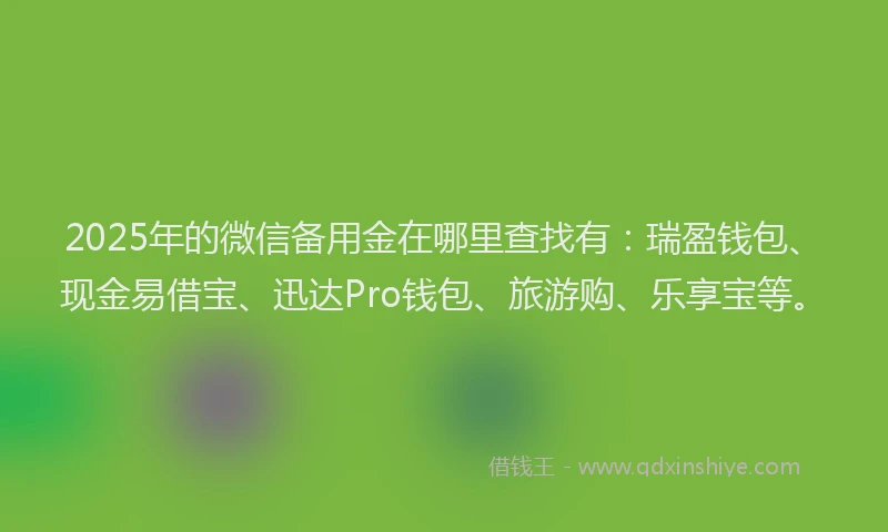2025年的微信备用金在哪里查找有：瑞盈钱包、现金易借宝、迅达Pro钱包、旅游购、乐享宝等。