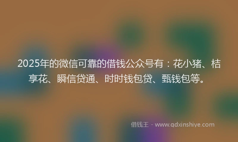 2025年的微信可靠的借钱公众号有：花小猪、桔享花、瞬信贷通、时时钱包贷、甄钱包等。