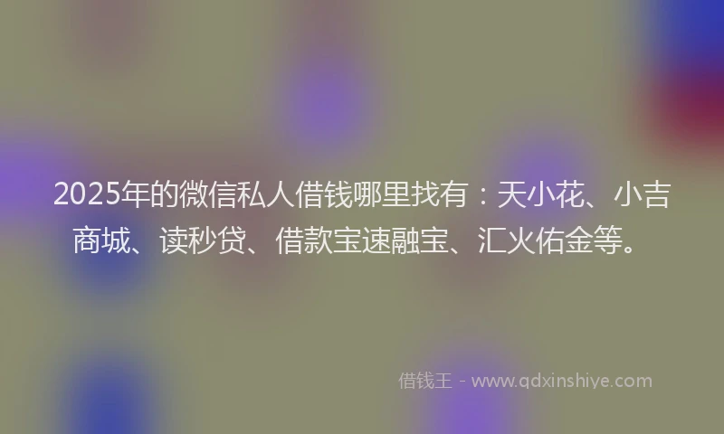 2025年的微信私人借钱哪里找有：天小花、小吉商城、读秒贷、借款宝速融宝、汇火佑金等。
