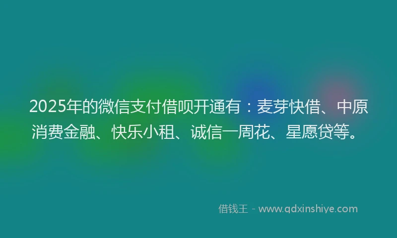 2025年的微信支付借呗开通有：麦芽快借、中原消费金融、快乐小租、诚信一周花、星愿贷等。