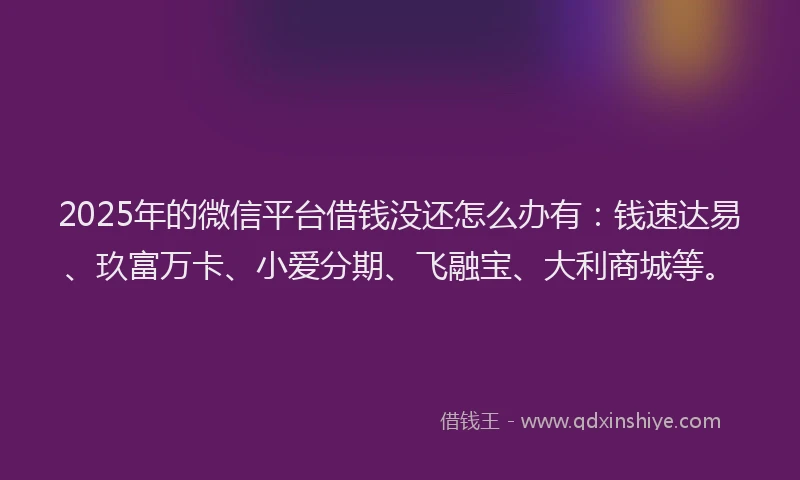 2025年的微信平台借钱没还怎么办有：钱速达易、玖富万卡、小爱分期、飞融宝、大利商城等。