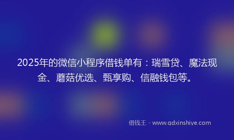 2025年的微信小程序借钱单有：瑞雪贷、魔法现金、蘑菇优选、甄享购、信融钱包等。