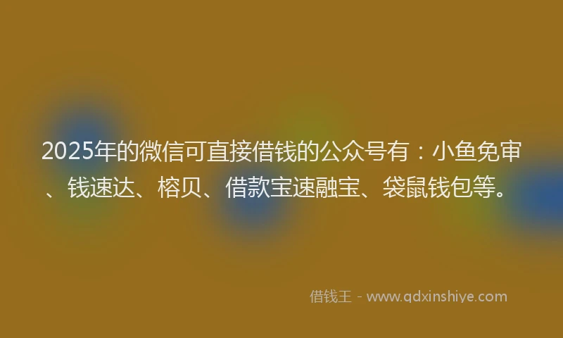 2025年的微信可直接借钱的公众号有：小鱼免审、钱速达、榕贝、借款宝速融宝、袋鼠钱包等。