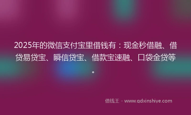 2025年的微信支付宝里借钱有：现金秒借融、借贷易贷宝、瞬信贷宝、借款宝速融、口袋金贷等。