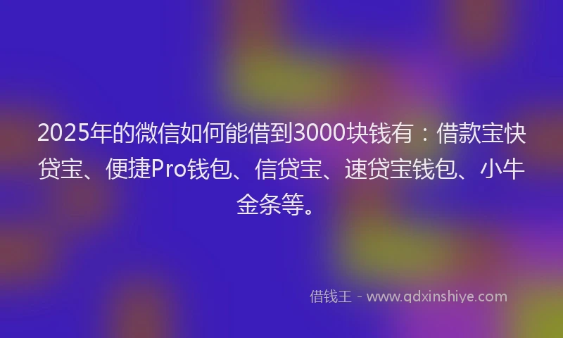 2025年的微信如何能借到3000块钱有：借款宝快贷宝、便捷Pro钱包、信贷宝、速贷宝钱包、小牛金条等。