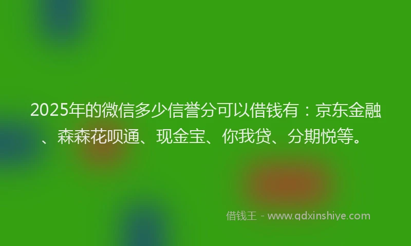 2025年的微信多少信誉分可以借钱有：京东金融、森森花呗通、现金宝、你我贷、分期悦等。