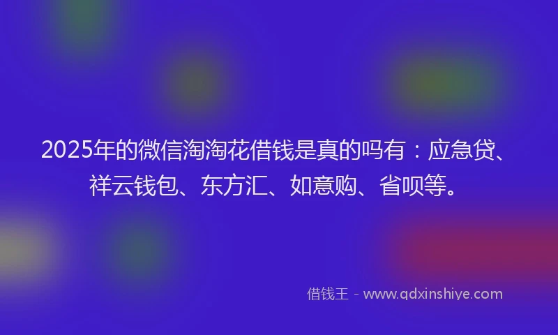 2025年的微信淘淘花借钱是真的吗有：应急贷、祥云钱包、东方汇、如意购、省呗等。