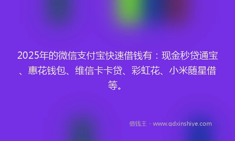 2025年的微信支付宝快速借钱有：现金秒贷通宝、惠花钱包、维信卡卡贷、彩虹花、小米随星借等。