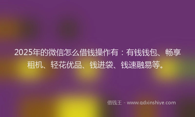 2025年的微信怎么借钱操作有：有钱钱包、畅享租机、轻花优品、钱进袋、钱速融易等。