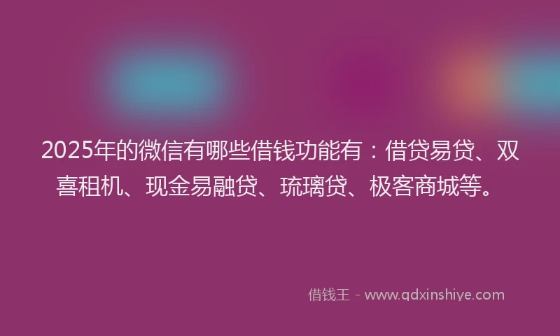 2025年的微信有哪些借钱功能有：借贷易贷、双喜租机、现金易融贷、琉璃贷、极客商城等。