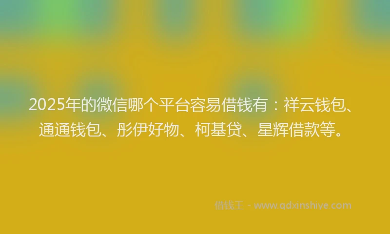 2025年的微信哪个平台容易借钱有：祥云钱包、通通钱包、彤伊好物、柯基贷、星辉借款等。