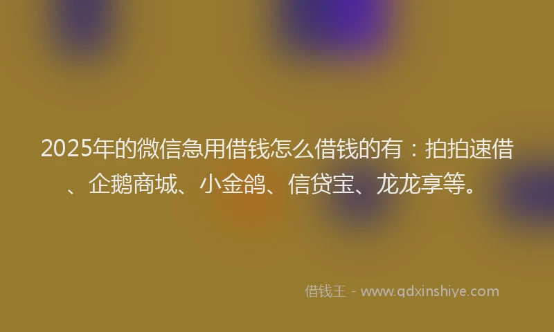 2025年的微信急用借钱怎么借钱的有：拍拍速借、企鹅商城、小金鸽、信贷宝、龙龙享等。