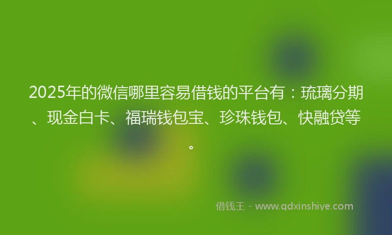 2025年的微信哪里容易借钱的平台有：琉璃分期、现金白卡、福瑞钱包宝、珍珠钱包、快融贷等。