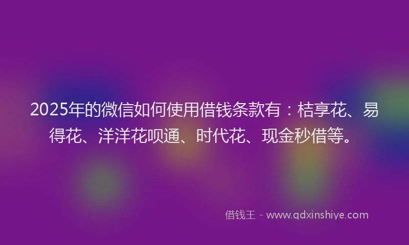 2025年的微信如何使用借钱条款有：桔享花、易得花、洋洋花呗通、时代花、现金秒借等。