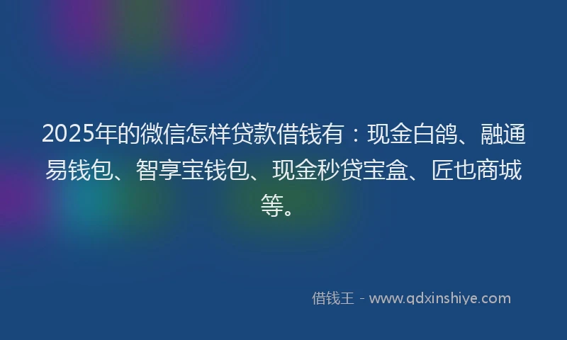 2025年的微信怎样贷款借钱有：现金白鸽、融通易钱包、智享宝钱包、现金秒贷宝盒、匠也商城等。
