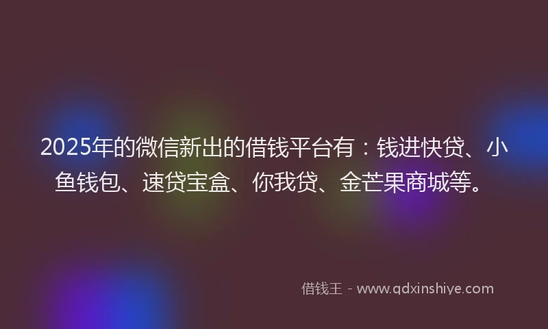 2025年的微信新出的借钱平台有：钱进快贷、小鱼钱包、速贷宝盒、你我贷、金芒果商城等。