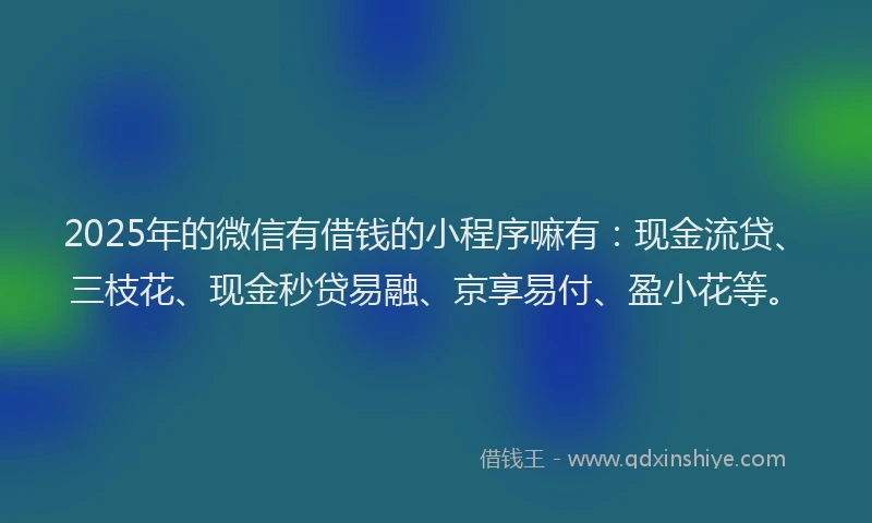 2025年的微信有借钱的小程序嘛有：现金流贷、三枝花、现金秒贷易融、京享易付、盈小花等。