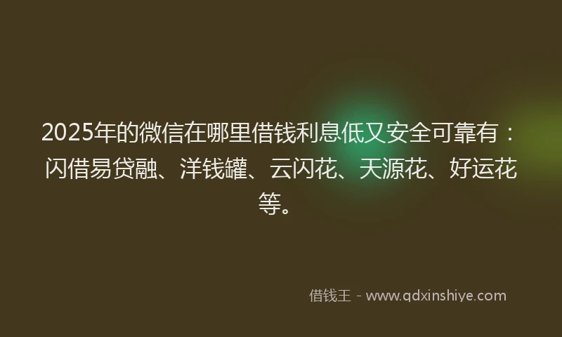 2025年的微信在哪里借钱利息低又安全可靠有：闪借易贷融、洋钱罐、云闪花、天源花、好运花等。