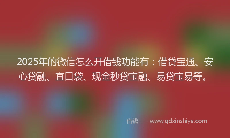 2025年的微信怎么开借钱功能有：借贷宝通、安心贷融、宜口袋、现金秒贷宝融、易贷宝易等。