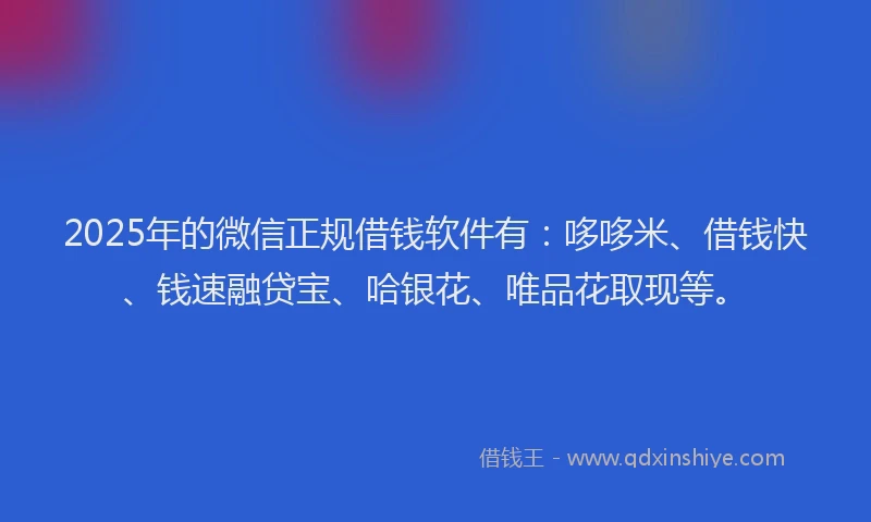 2025年的微信正规借钱软件有：哆哆米、借钱快、钱速融贷宝、哈银花、唯品花取现等。