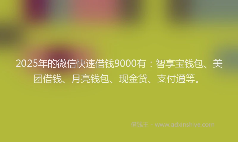 2025年的微信快速借钱9000有：智享宝钱包、美团借钱、月亮钱包、现金贷、支付通等。