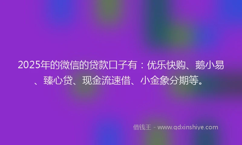 2025年的微信的贷款口子有：优乐快购、鹅小易、臻心贷、现金流速借、小金象分期等。
