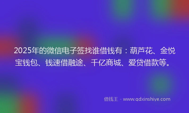 2025年的微信电子签找谁借钱有：葫芦花、金悦宝钱包、钱速借融途、千亿商城、爱贷借款等。