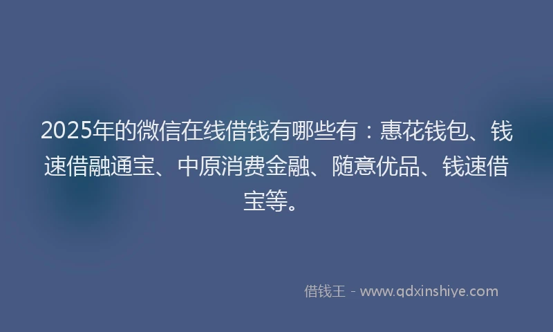 2025年的微信在线借钱有哪些有：惠花钱包、钱速借融通宝、中原消费金融、随意优品、钱速借宝等。