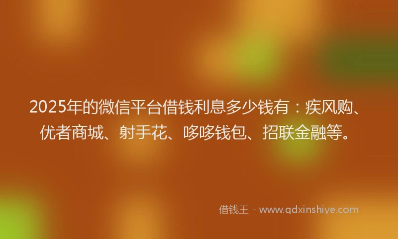 2025年的微信平台借钱利息多少钱有：疾风购、优者商城、射手花、哆哆钱包、招联金融等。