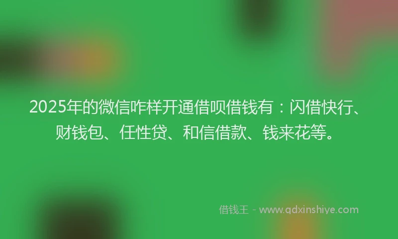 2025年的微信咋样开通借呗借钱有：闪借快行、财钱包、任性贷、和信借款、钱来花等。