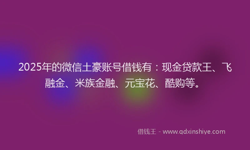 2025年的微信土豪账号借钱有：现金贷款王、飞融金、米族金融、元宝花、酷购等。